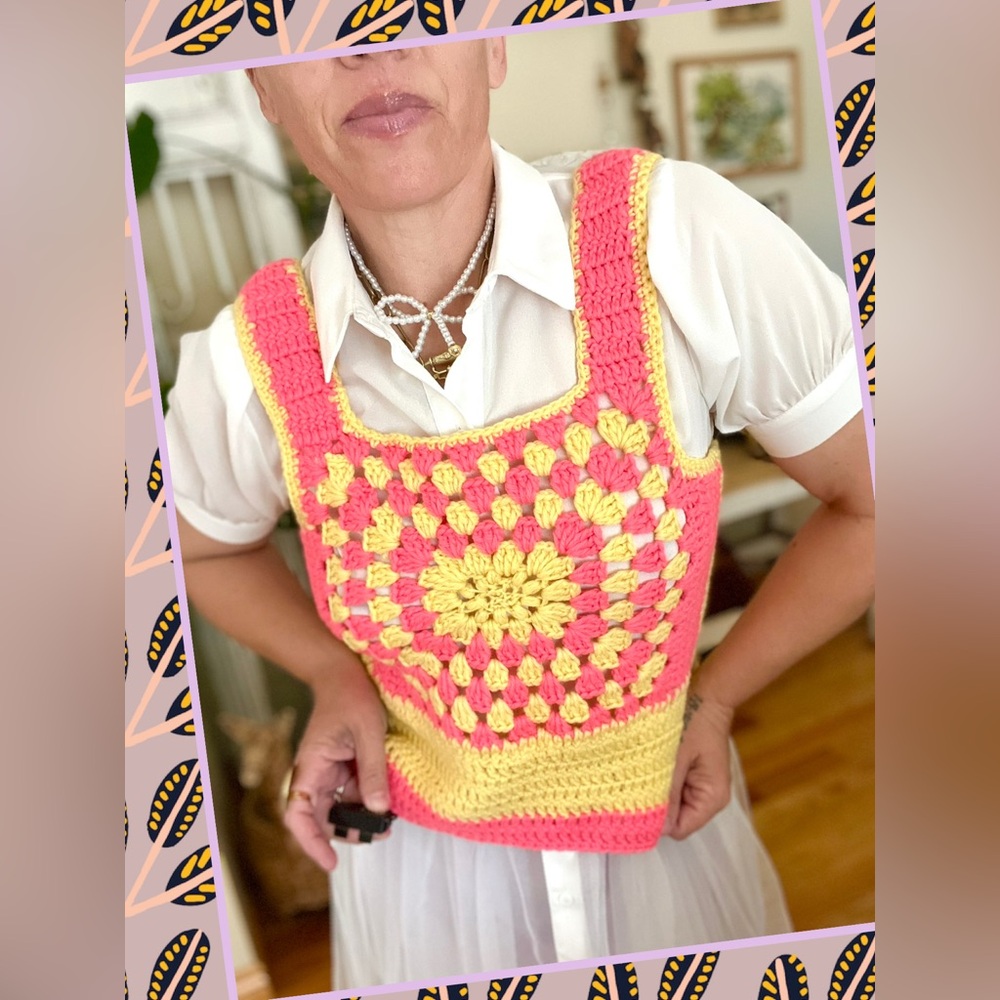 Vintage Handmade Granny Square Crocket Sweater Vest Tank Too